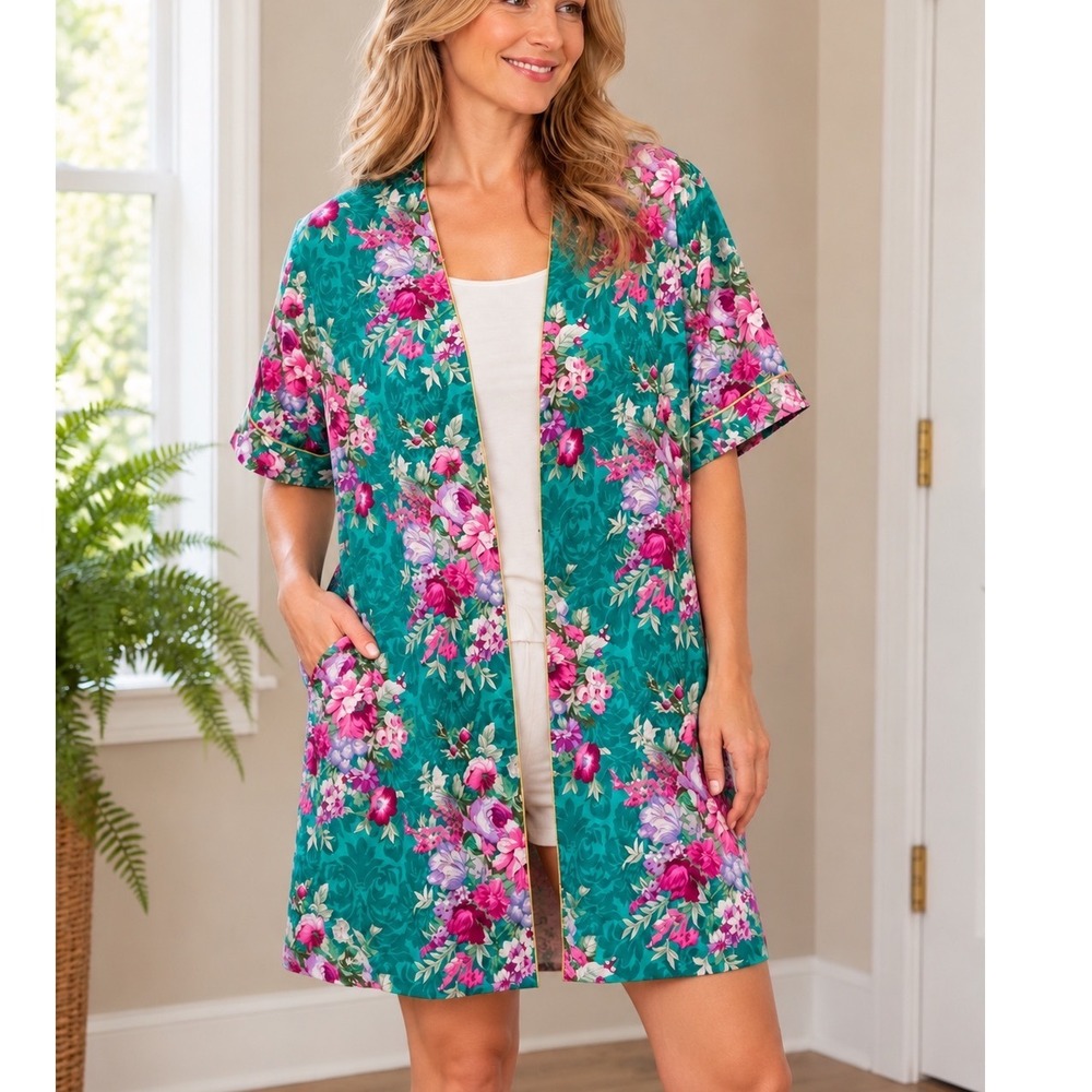 Vintage Meryl Fashions Teal Floral Open Front Robe Duster Gold Trim L/XL USA